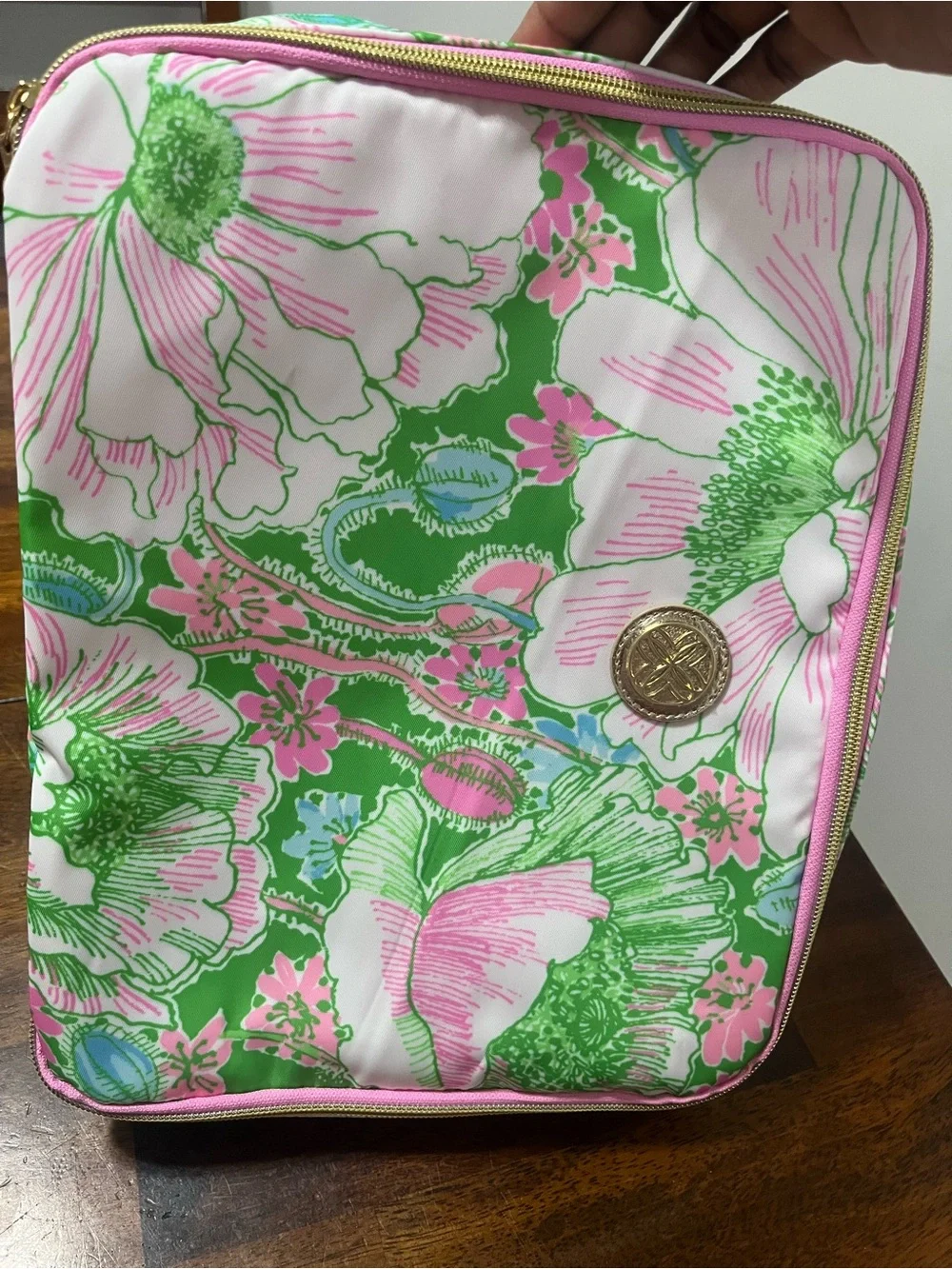 Lilly Pulitzer Pink & Green Floral Cosmetic Case with Gold Logo